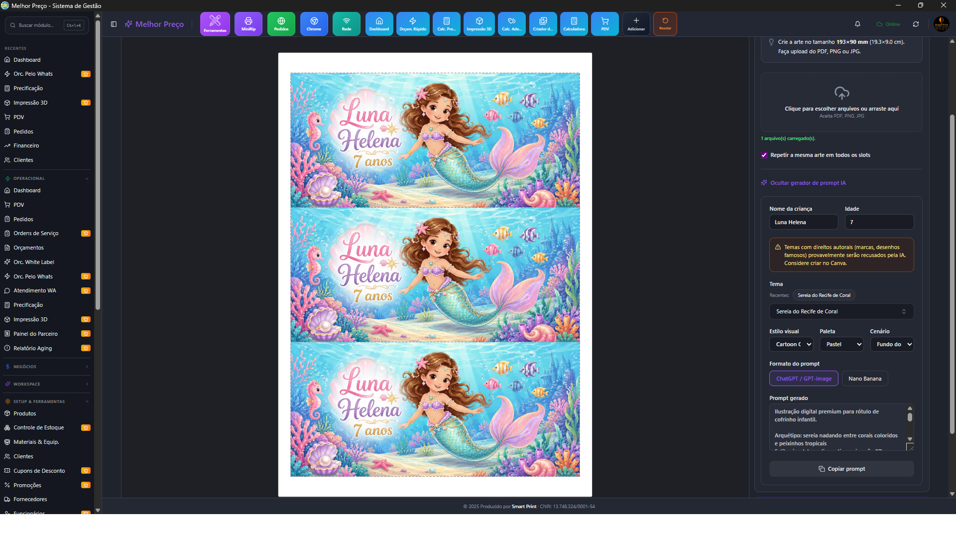 Interface do gerador de artes — tema e prompt calibrado